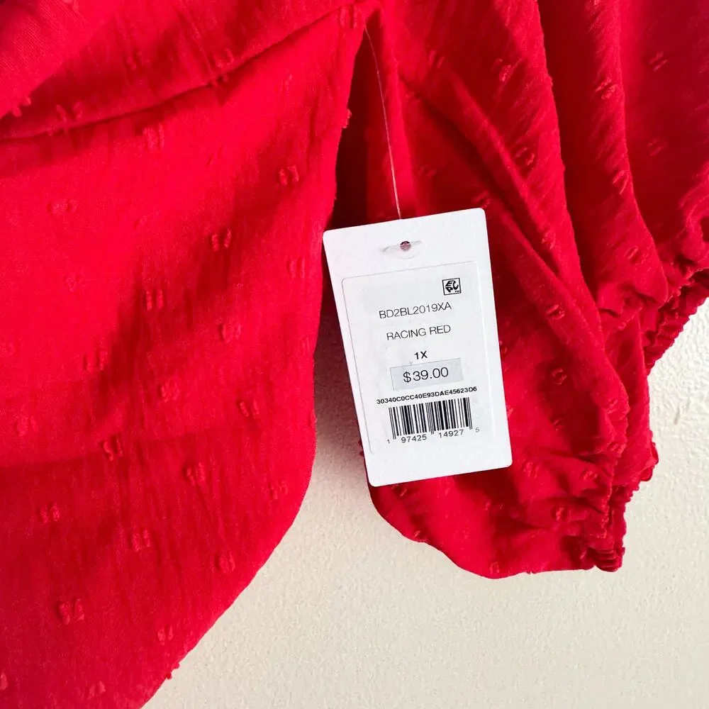 89th & Madison Red Swiss Dot Tie Neck Blouse - 1X - NWT